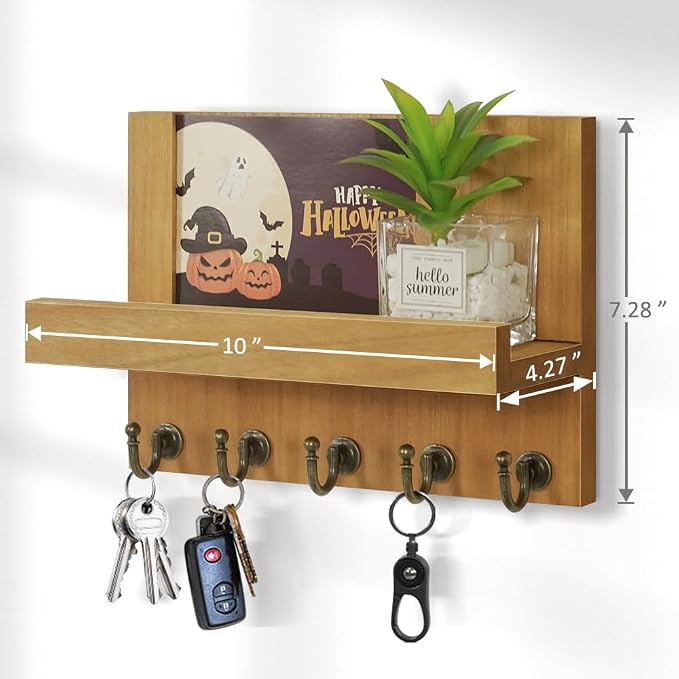 HONJIN Farmhouse Wall Key Holder for Wall : Holiday Card Slot Design Wooden Mail Organizer Wall Mount Dog Leashes Holder Hanger (Light Brown)
