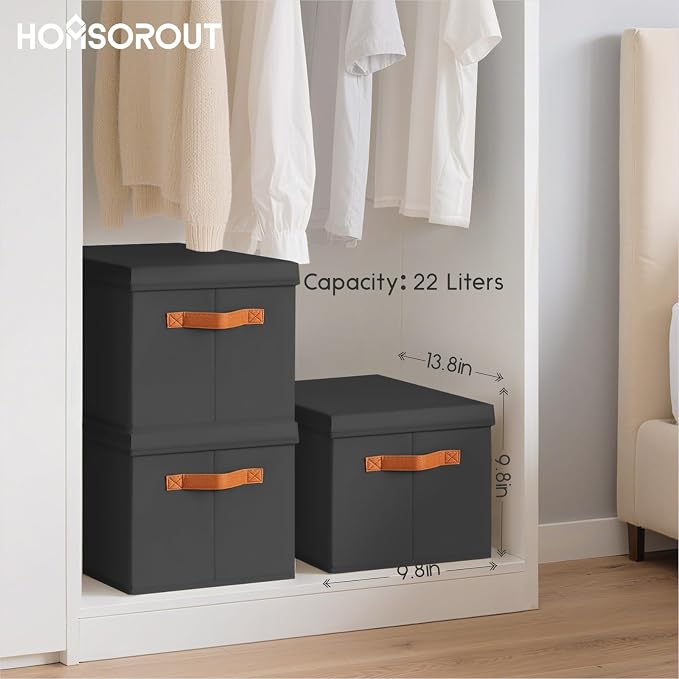Homsorout Storage Bins with Lids - Fabric Storage Baskets for Shelves, 4 Pack Foldable Decorative Boxes with Handles, Stackable Organizer Bins for Home, Nursery, Dorm, Black