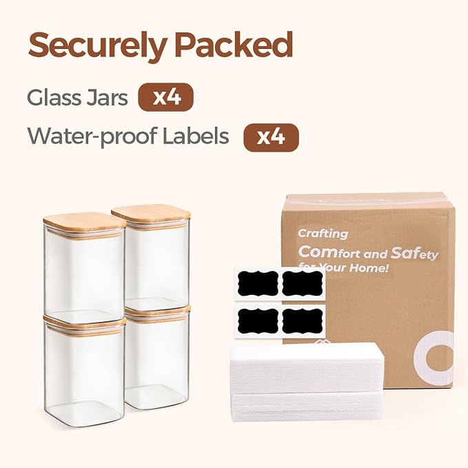 ComSaf Square Glass Containers With Lids 1.2 Qt, Set of 4 Pantry Galss Jars | Kitchen Glass Pantry Storage Containers, Storage Canisters, Silicone Seal, Dry Food, Cookie, Flour, Spice, Coffee, BPA Free
