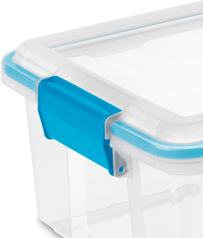 Sterilite Gasket Storage Box with Lids for Home & Office, 12 Quart, 6-Pack | Heavy-Duty, Stackable, and Organizing Containers for Bathroom, Cabinet, Closet, and Garage, Clear and Blue Aquarium Latches