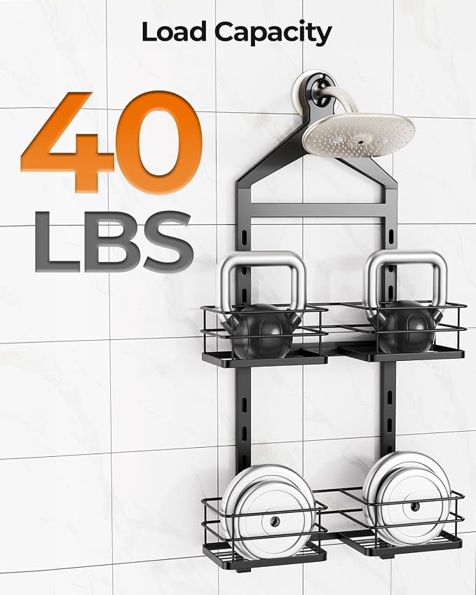 ODesign 2 Tier Shower Caddy for Handheld Shower Heads Anti-Swing Black | No drilling required,comes with removable hook and storage box,suitable for handheld and wall-mounted showerheads