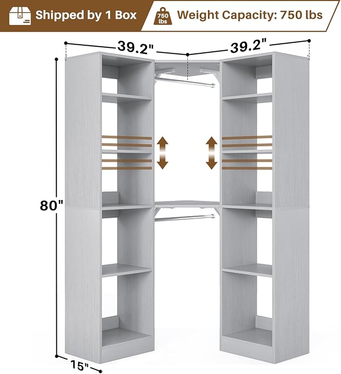 Besiost Corner Closet System with 12 Shelves, 39.2" Corner Organizer | L Shaped Closet with 2 Hanging Rods, Versatile 6-Tier Walk-in Closets for Corner Space, Grey (39.2" L x 39.2" W x 80" H)