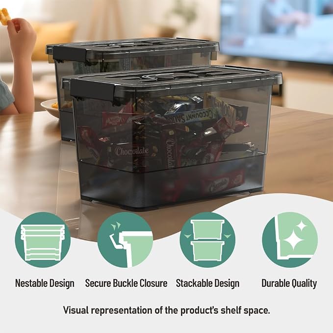 4 Pack 7 Quart Clear Black Storage Bins with Latching Lids, Stackable Plastic Storage Containers for Closet, Pantry & Garage Organization