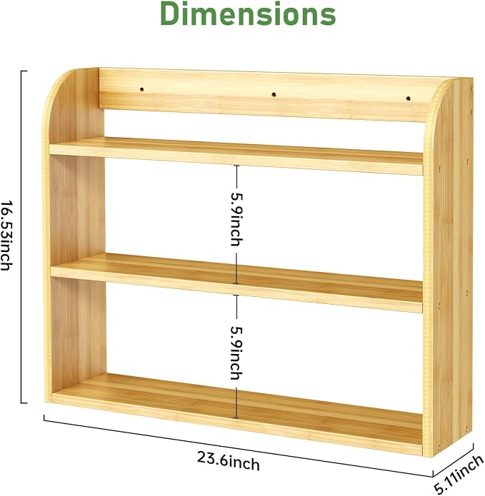ROMGUAR CRAFT 3 Tier Long Bamboo Spice Rack, Countertop or Wall Mounting Wood Spice Jars Organizer Shelf for Kitche, Pantry (Natural)