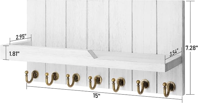 Rebee Vision Key Holder Wall Mount with 7 Hooks for Home Decor, White | Farmhouse Key Holder for Wall, Floating Shelf for Placeable Plants, Mail Organizer, Rustic Apartment Essential