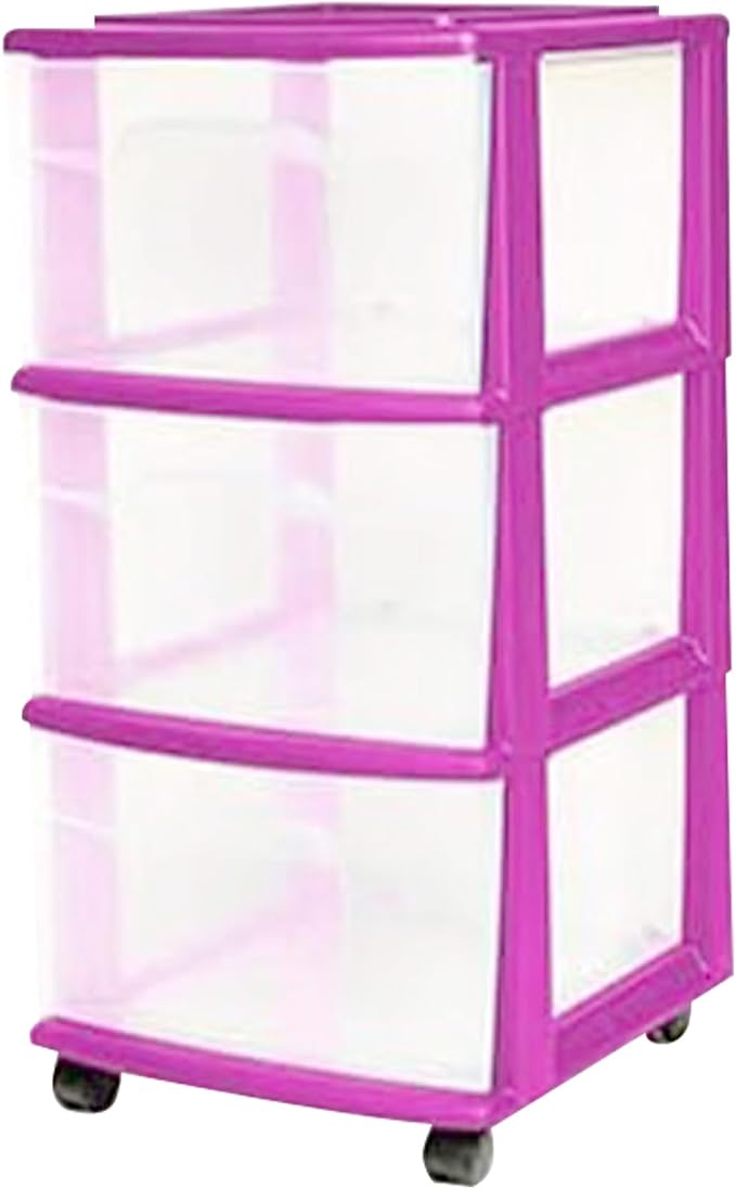 HOMZ 2-Pack Drawer Tower, 3-Tier Clear Plastic Storage Organizer Cart, Purple Frame - Organizing Containers with Wheels for Home, Bathroom, Bedroom, Office, and Classroom