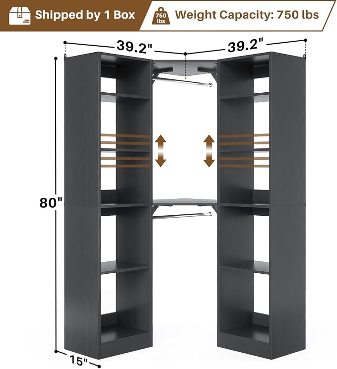 Besiost Corner Closet System with 12 Shelves, 39.2" Corner Organizer | L Shaped Closet with 2 Hanging Rods, Versatile 6-Tier Walk-in Closets for Corner Space, Black (39.2" L x 39.2" W x 80" H)