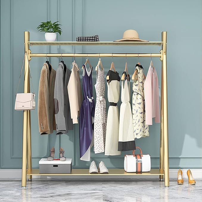 Clothes rack Gold, Freestanding Industrial Garment Rack with Double shelves Multi-functional Bedroom Hanging Clothing Rack,Heavy Duty Coat Rack Organizer for Bedroom Shoes 1 pack (39'' L)