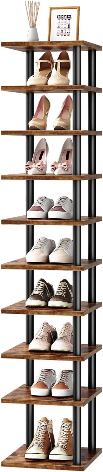 HOOBRO Vertical Shoe Rack, 10-Tier Narrow Shoe Shelf, Shoe Storage Organizer for Small Space, 11" L x 11" W x 68" H, Closet, Entryway, Hallway, Bedroom, Rustic Brown and Black BF32XJ01