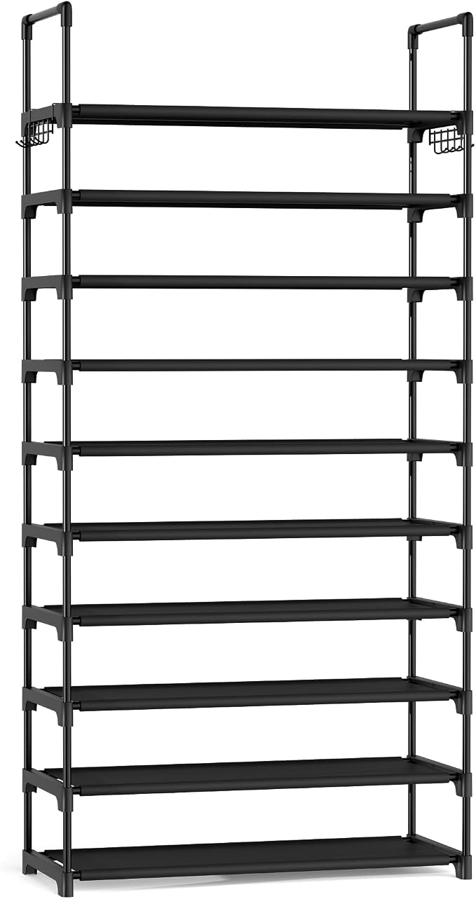 LANTEFUL Upgraded Shoe Rack for Closet Large Capacity 10 Tier Shoe Storage Holds 40–50 Pairs Sturdy Shoe Organizer with 10 Hooks for Entryway, Bedroom, Garage, Black