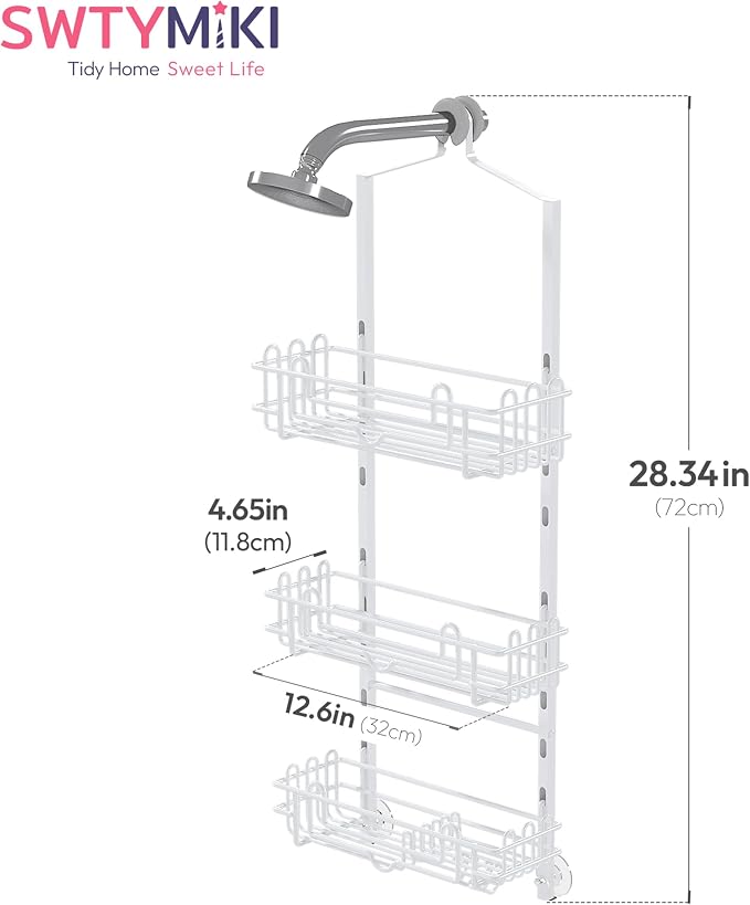 SWTYMIKI Shower Caddy Hanging Organizer - 3-Tier Rustproof Shower Organizer Over Showerhead with Adjustable Baskets, 24 Hooks, Soap & Razor Holder - No Drill Large Bathroom Storage Rack, White