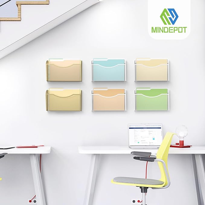 MINDEPOT Wall File Organizer, Hanging Wall File Holder, 3 Pack, Gold | Heavy Duty Iron, Metal Mesh Wall Mount, Single Pocket, Mail Organizer, for Office School Classroom Home, Letter A4 Size
