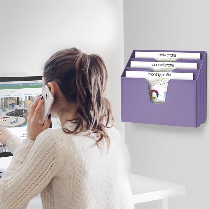 Acrimet Horizontal Triple File Folder Organizer Sorter, Letter Size, Purple | 3 compartments to separate and organize documents, folders and papers