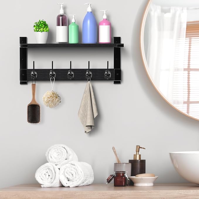 Oraich Wall Hooks with Shelf, Coat Rack Wall Mount, Entryway Hanging Shelf for Clothes Backpack Key Purse, Shelf with Hooks Hanging in Living Room, Bathroom, Bedroom, Kitchen