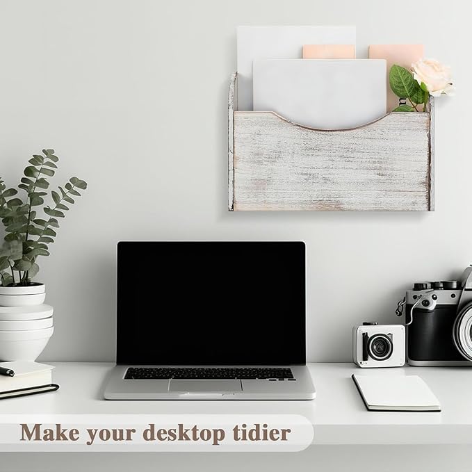 Suzile Wall Mounted File Holder Wood Magazine Holder Wall Hanging File Organizer for Office Mail Magazine Letter Paper Folder Organization (White)