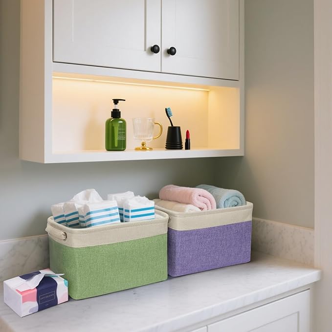 BALEINE 2 Pack Fabric Closet Storage Bins for Shelves, Linen Closet Organizers and Storage, Decorative Baskets for Organizing, Shelf, Clothes, Home, Office (Brown, 12"x8"x8")