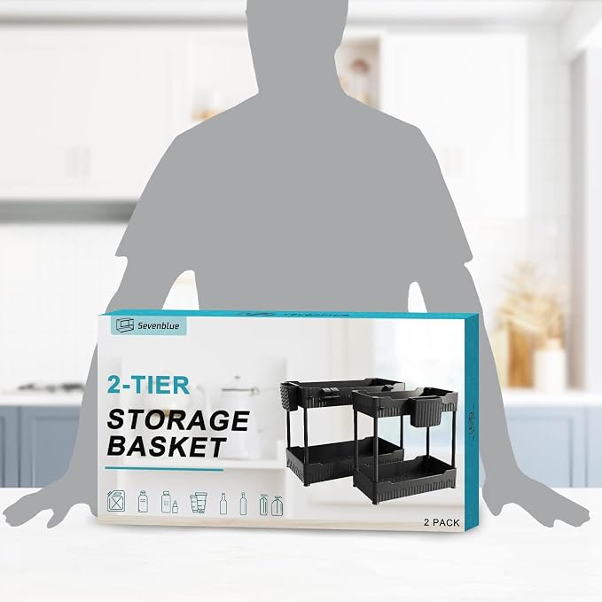 Sevenblue 2 Pack Under Sink Organizer, Under Bathroom Cabinet Organizer with Hooks Hanging Cup, Multi-Purpose Storage Shelf for Kitchen Bathroom, Black | Multi-use kitchen & bathroom storage, 12.8 inch black cabinet organizer, with hooks and hanging cu...