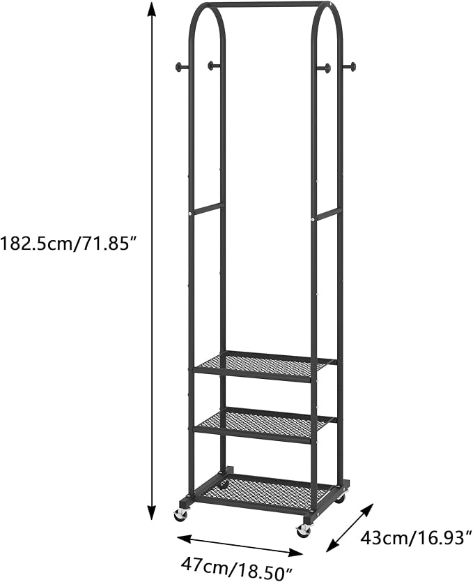 Kaitiemoo Clothing Rack, Mobile Garment Rack with Wheels & 3 Shelves, Blak | Heavy Duty Frame, Fits Small Spaces, 71.8 Inches Display Rack, Easy to install, Black clothes rack
