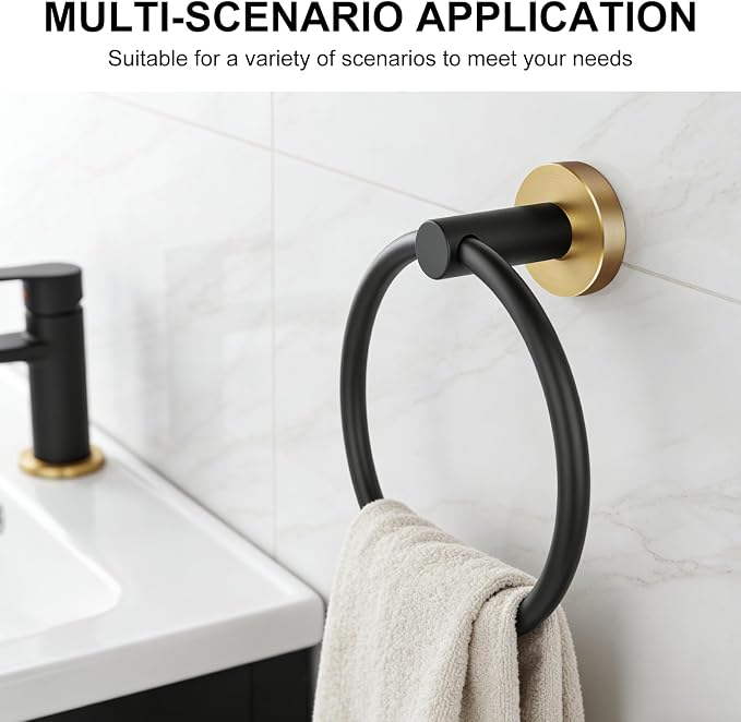 SetSail Towel Holder for Bathroom Wall Stainless Steel Hand Towel Ring Heavy Duty Towel Hanger for Bathroom, Black and Gold