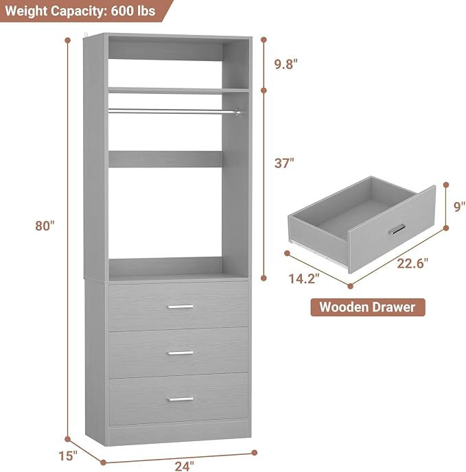 Besiost Freestanding 2FT Closet System with 3 Wood Drawers, 24" Closet Organizer System with Hanging Rod & Shelves, Walk-in Closet Systems for Small Closets, Grey (24"L x 15" W x 80" H)