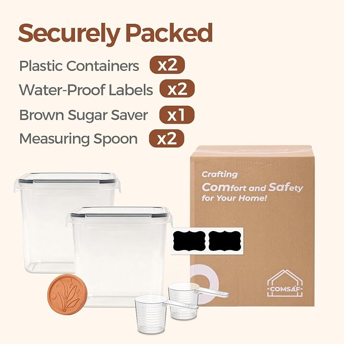 ComSaf Airtight Brown Sugar Containers with Terra Cotta Saver 2.6Qt 2Pack | Plastic Food Storage Canister with Lid, Sugar Flour Cereal Oats, Pantry Kitchen, Stackable Brown Sugar Keeper, Label & Scoops