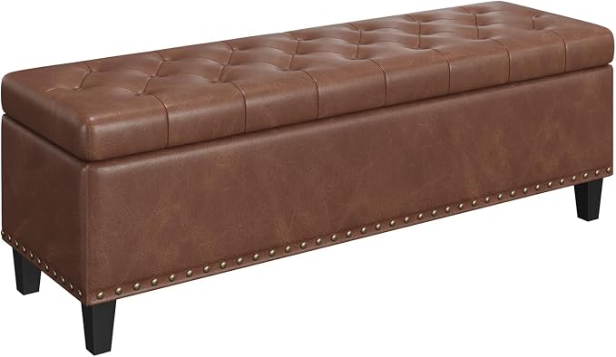 FiveWillowise 51 Inch Storage Ottoman Bench,Large End of Bed Storage Bench | Faux Leather Ottoman with Storage,30 Gallons,Upholstered,with Nailhead Trim,Legs,for Bedroom,Living Room,Entryway,Brown