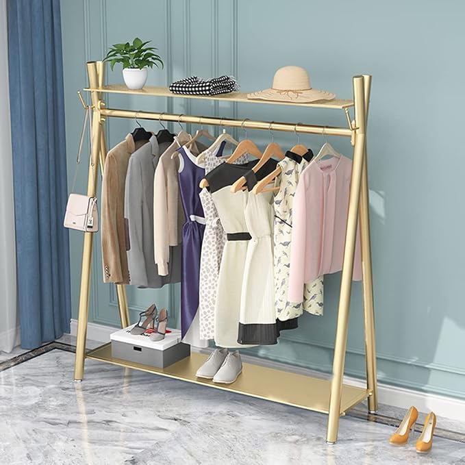 Freestanding Industrial Gold Clothes Rack with Double Shelves, Heavy Duty Movable Coat Rack for Organizing Clothes and Shoes (47'' L)