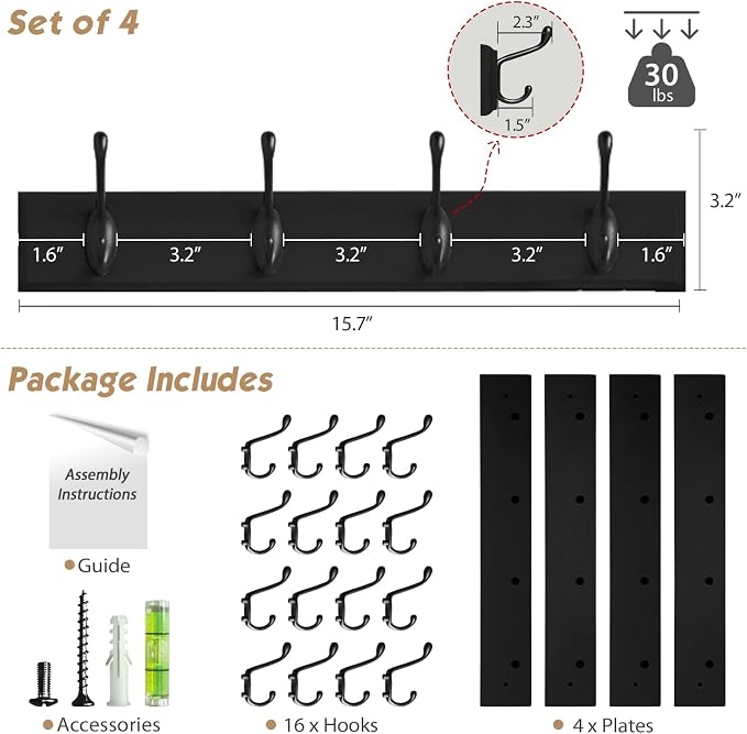 Forbena Black Coat Rack Wall Mount, Coat Hooks Wall Mounted for Entryway Closet Bedroom Bathroom Office, Antique Coat Hanger for Hanging Hats, Towels, Purses, Bags, Clothes, Backpack (Black)