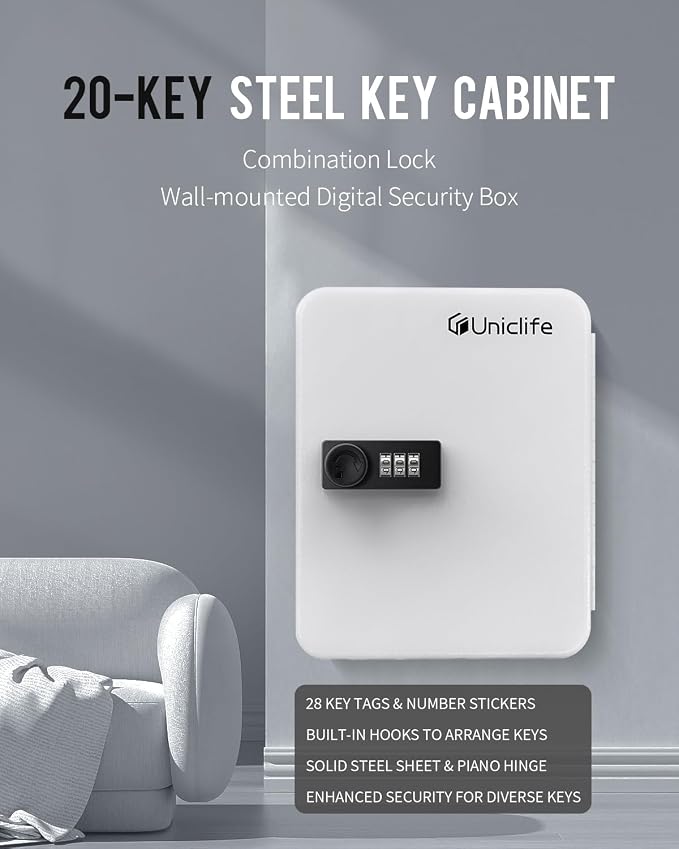 Uniclife 20 Position Key Cabinet with Combination Lock Resettable White Digital Security Storage Box Steel Key Organizer with Colorful Key Tag Labels Stickers and Hooks