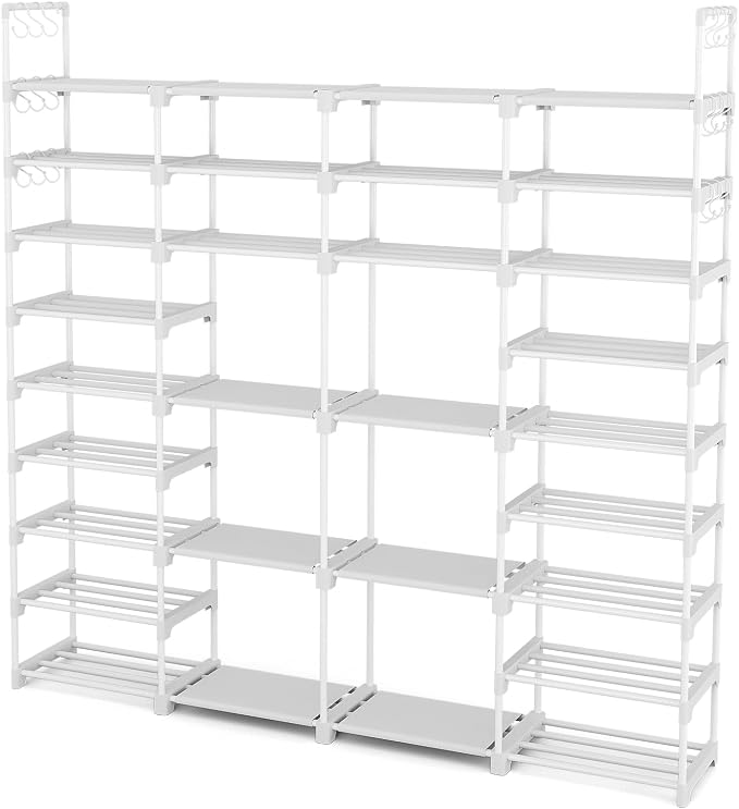 ROJASOP Large Shoe Rack Organizer for Entryway Closet 64-68 Pairs 9-Tier Heavy Duty Tall Garage Shoe Rack Shoe Shelf Shoes Storage with 18 Pcs Removable Side Hooks for Bedroom and Garage White