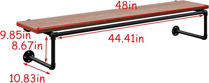 Clothes Rack 48in, Wall Mounted Garment Racks with Real Wood Shelf, Heavy Duty Hanging Clothes Rack, Multi-Purpose Hanging Rod, Space-Saving Closet Storage