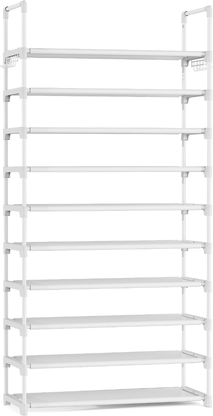 LANTEFUL Upgraded Shoe Rack for Closet Large Capacity 10 Tier Shoe Storage Holds 40–50 Pairs Sturdy Shoe Organizer with 10 Hooks for Entryway, Bedroom, Garage, White