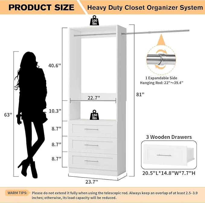 Closet System with 3 Drawers, 2FT-5FT Closet Organizer System with Hanging Rods& Shelves, Fits Small Walk-in Closet, Modular Closet Tower, Wood Closet Storage System, White