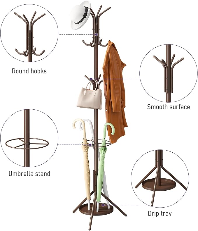 Coat Rack Freestanding,Entryway Hanger Stand,Umbrella Holder,Hall Tree With 12 Hooks, Floor Standing Metal Tree Stand,brown