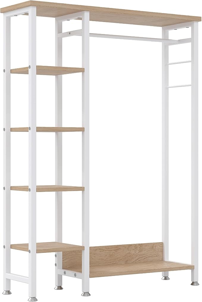 VECELO Open Garment Clothing Rack, Free-Standing Heavy Duty Storage Closet with 5 Shelves and Hanging Rod for Small Spaces, Max Load 350LBS, Nature White