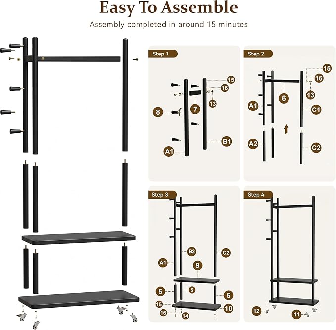 Taitiy Coat Rack Solid Wood Stand Storage 2 Shelves 4 Hooks Black | Entryway hallway bedroom living room, durable wood construction, freestanding design, coats hats bags garments