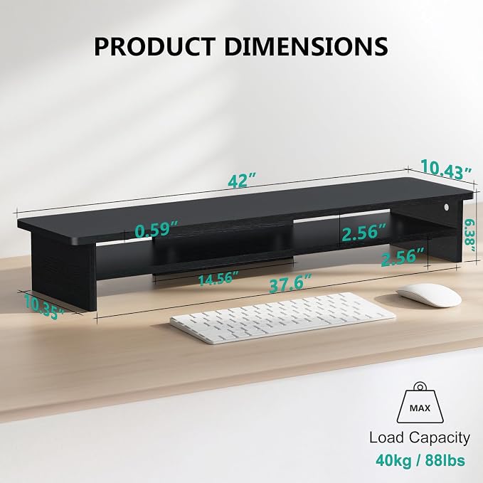 WALI 42 inch Large Wood Dual Monitor Stand Riser with Storage, up to 88lbs | Multi-Purpose Computer Stands, 2 Tier Desktop Organizer Desk Shelf for Home Office PC, Laptop, Printer, TV (WTT001), Black