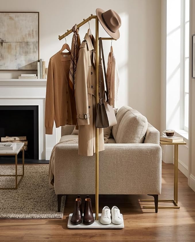 F-Shaped Metal Clothes Hanger, Modern Coat Rack with Rock Base, Gold Freestanding Coat Rack, Bottom with Sponge Pad,Suitable for Boutiques, Entryway, Living Room, Hallway, Bedroom,15.7" X 9.8" X 66.9"