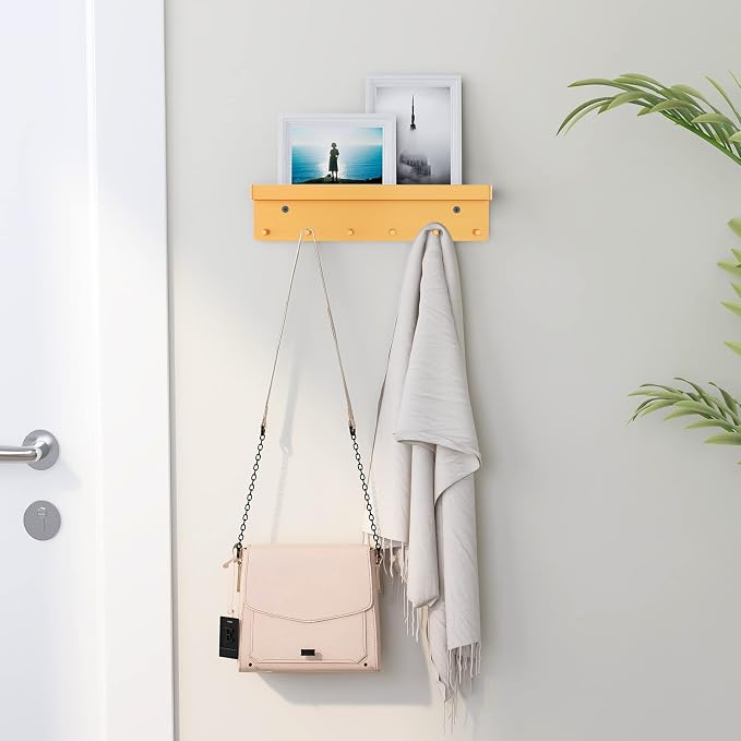 MKO Key Holder for Wall, Mail Organizer and Key Rack with Tray for Hallway, 6 Key Hooks Wall Mount Adhesive(Gold) | Metal Material, Key Rack with Shelf, Wall Mount, Mail Organizer Tray, Suitable for Entryway, Hallway, Living Room
