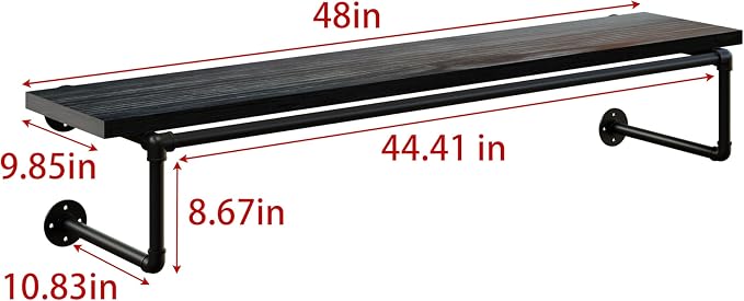 Clothes Rack 48in, Wall Mounted Garment Racks with Real Black Wood Shelf, Heavy Duty Hanging Clothes Rack, Multi-Purpose Hanging Rod, Space-Saving Closet Storage