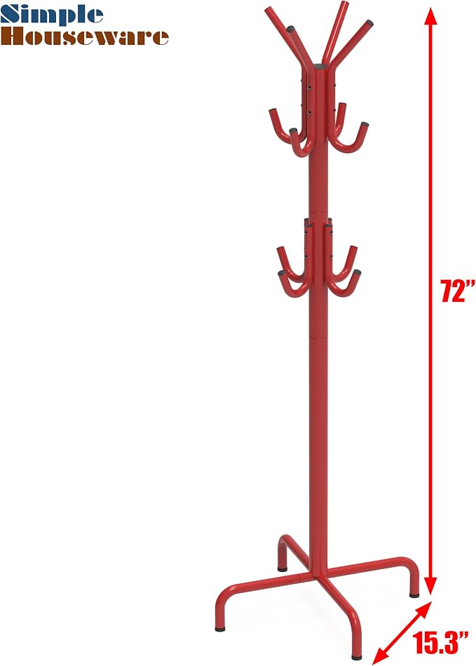 Simple Houseware Standing Coat/Hat Hanger Organizer Rack, 12 Hooks, Red | For Entryway, Bedroom, and Hallway