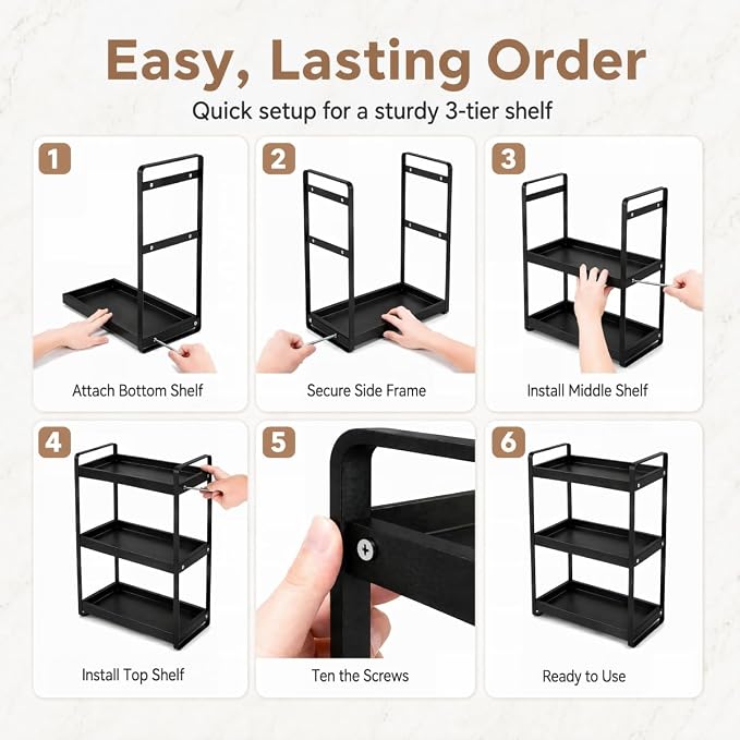 Bathroom Counter Organizer with Basket, Bathroom Organizers and Storage,Skincare Organizers for Vanity,Storage Organizers for Bathroom, Kitchen, Dresser (3-Tier Black Wood Rack)