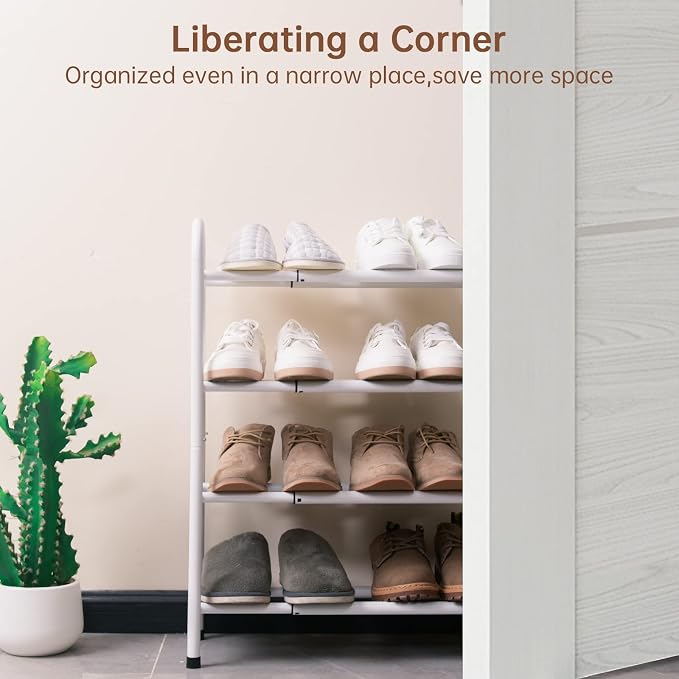 Gonfoam Expandable 4-Tier Shoe Rack for Closet and Entryway, White | Tool-Free Assembly, Metal Material, Adjustable Shoe Organizer, Sturdy, Small Space Solution, Dorms, Garages, Apartments.