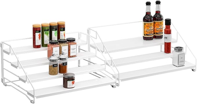 BOIVSHI Spice Organizer for Cabinet, Depth Adjustable Spice Rack, White | 4 Tier Spice Rack for Countertop, 2 Pack Spice Organization for Cabinet, Easy to Assemble Spice Cabinet Organizer