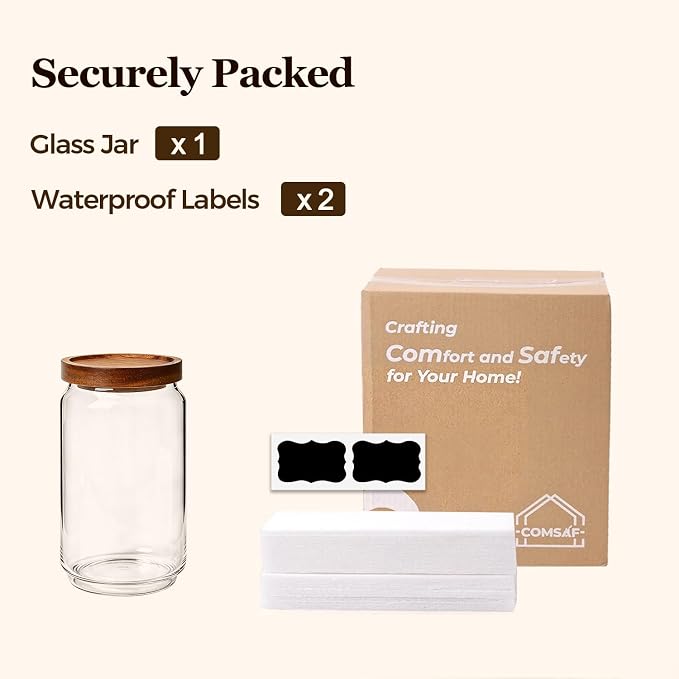 ComSaf Glass Jar with Acacia Wood Lid 34oz 1Pack, Food Storage Container | 1.1Qt Canister, Oats Coffee Sugar Pasta Candy Cookies Nut, Kitchen Pantry, Decorative, Countertop Display, Food-Grade, Label