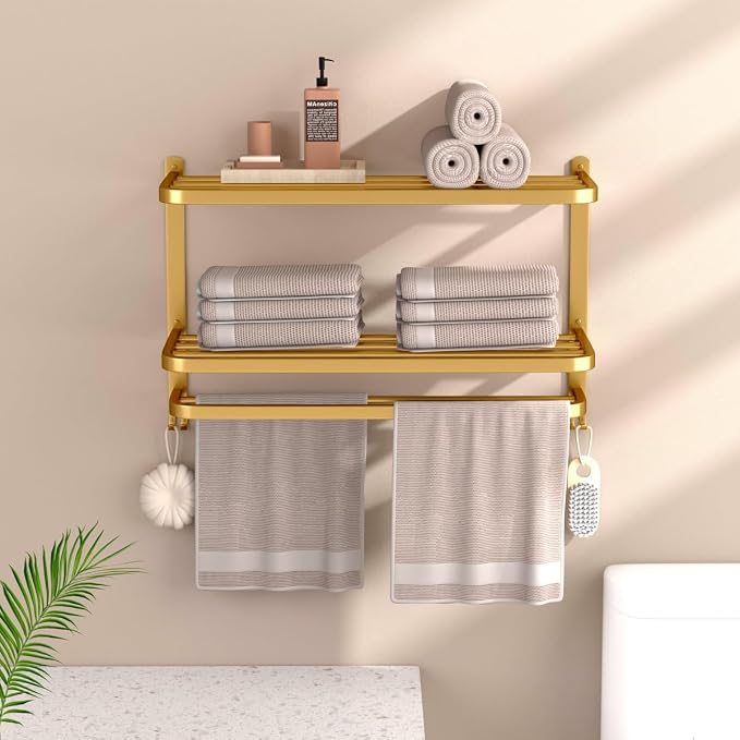 23 Inch 3-Tier Gold Towel Racks for Bathroom with Towel Bars Multilayer Hotel Towel Shelf Stainless Steel Wall-Mounted Brushed Finish Holder with Towel Shelves