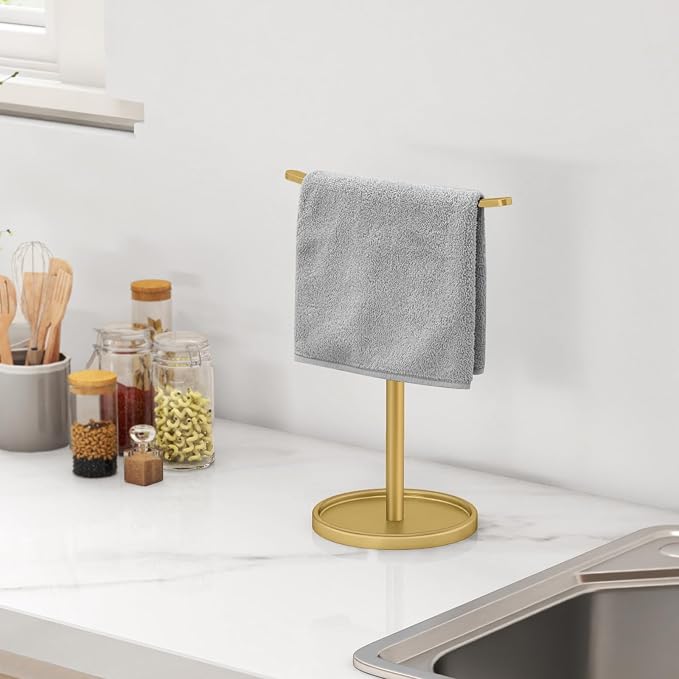STWWO Hand Towel Holder | Stainless Steel Towel Holder Stand for Bathroom, Kitchen Countertop, T-Shaped Hand Towel Rack Stand, Gold