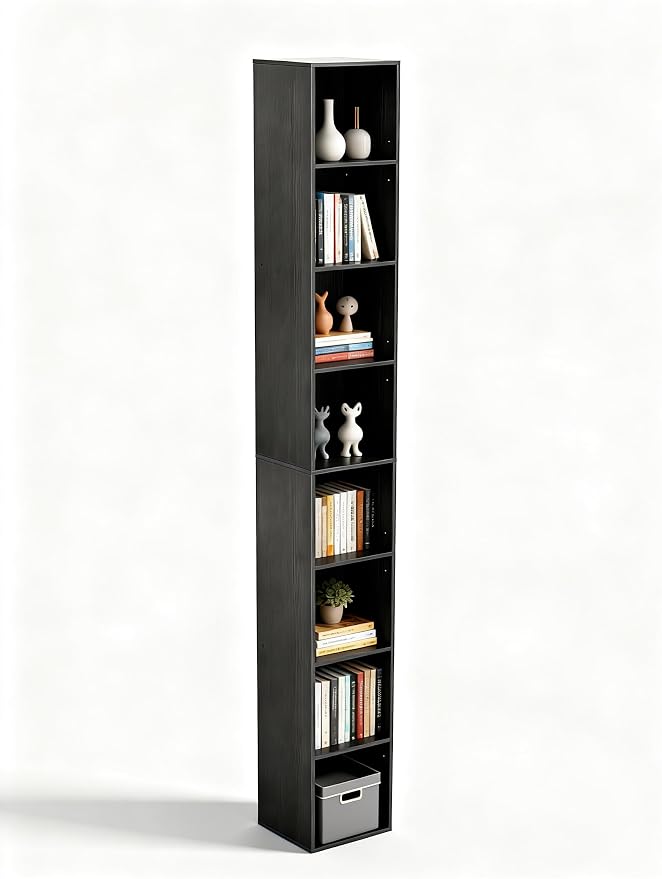 8-Cube Storage Organizer Bookcase, Tall Narrow Bookshelf for Home Office, Black