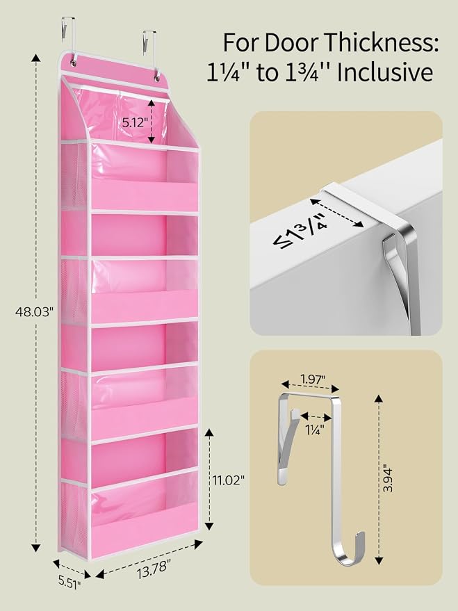 Yecaye 5 Tier Over the Door Organizer, Swing-proof Door Organizer Hanging with Clear PVC Windows, Behind the Door Storage for Bedroom Nursery Closet Laundry Pantry Bathroom, Pink