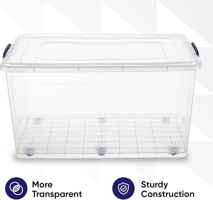 Superio Clear Storage Box with Wheels, 85 Qt Heavy Duty Container with Lid, Stackable Rolling Bin for Home, Garage, Closet Organization- Toys, Linen, Tools, Clothing, Supplies, Camping Accessories